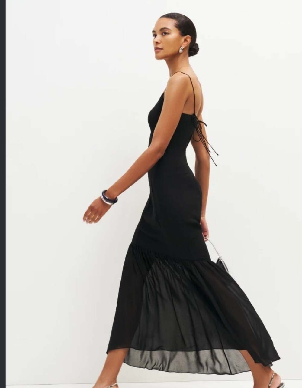 NEWReformation AIMEE Black Sheer Overlay Tie Strap Chiffon Maxi Slip Dress US 6